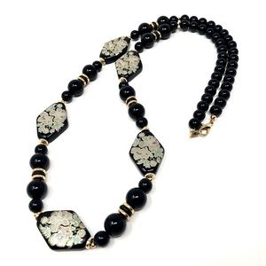 Mid-century Japan signed cloisonné-style black bead floral necklace